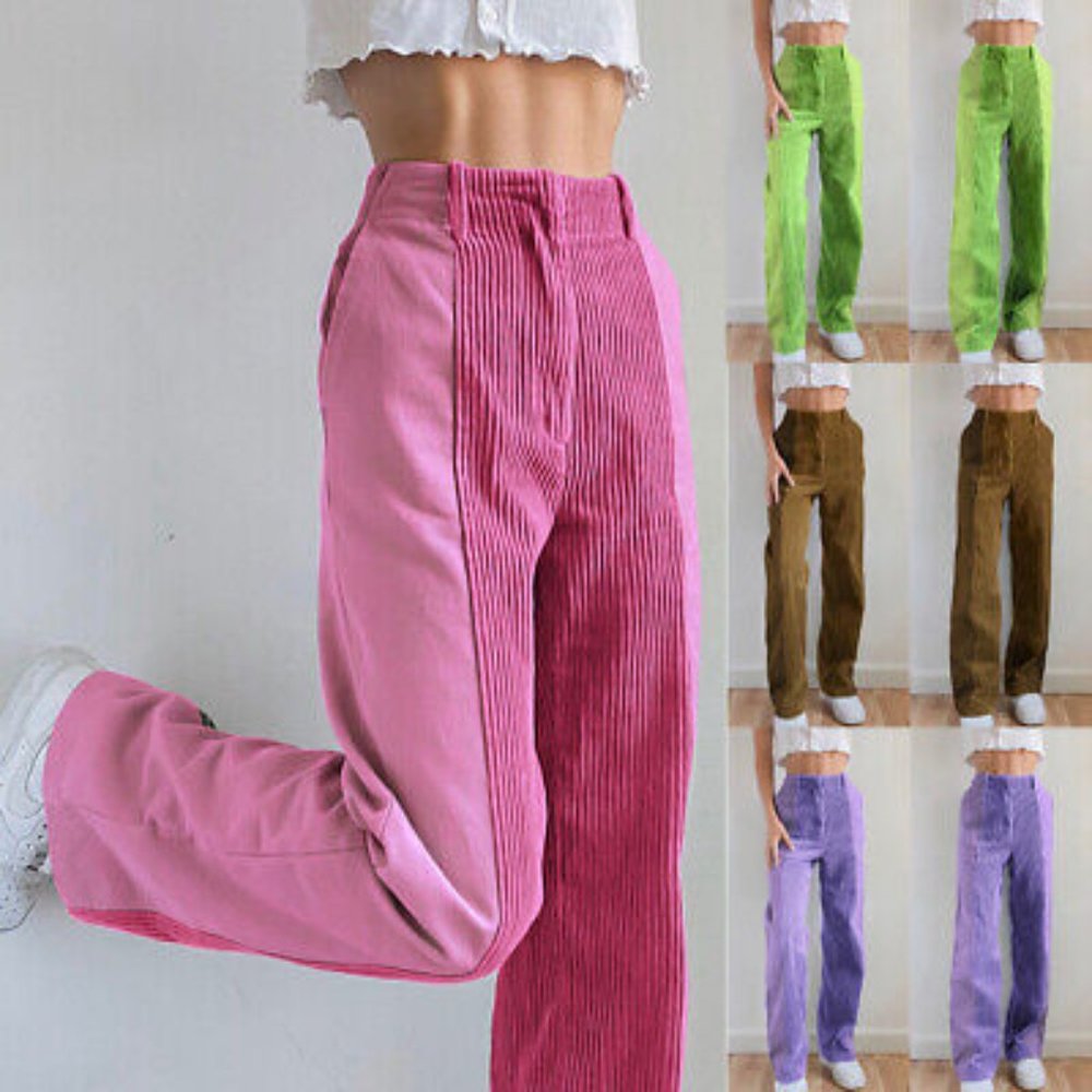 Womens BROWN High Waist Corduroy-Blocked (Patchwork) Pants